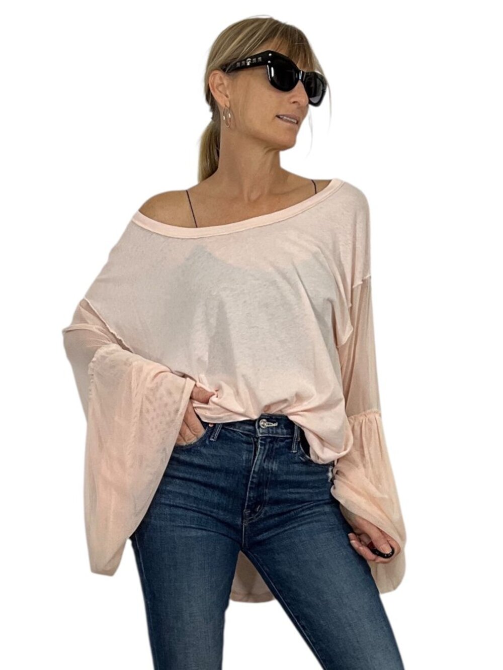 Free People Still Got It Tee Top S Pink Oversized Mesh Bell Sleeves - Picture 16 of 16